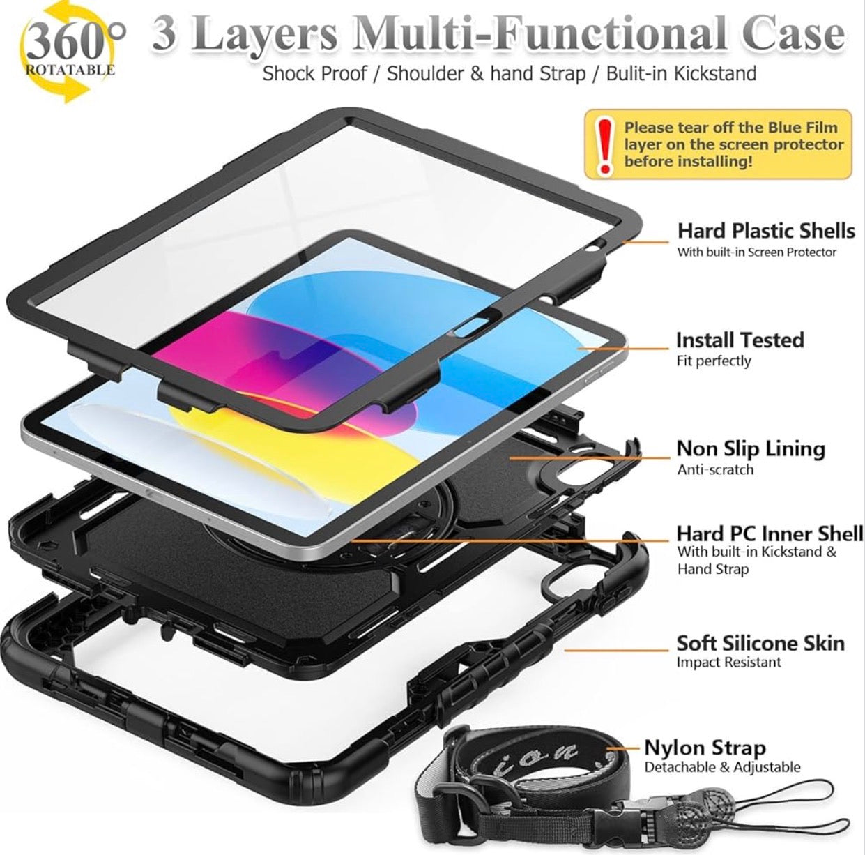 Case for iPad 11th/10th Generation 11''/10.9'' 2025/2022, Full-Body Drop Protection Case with Screen Protector &360° Rotate Hand Strap/Stand