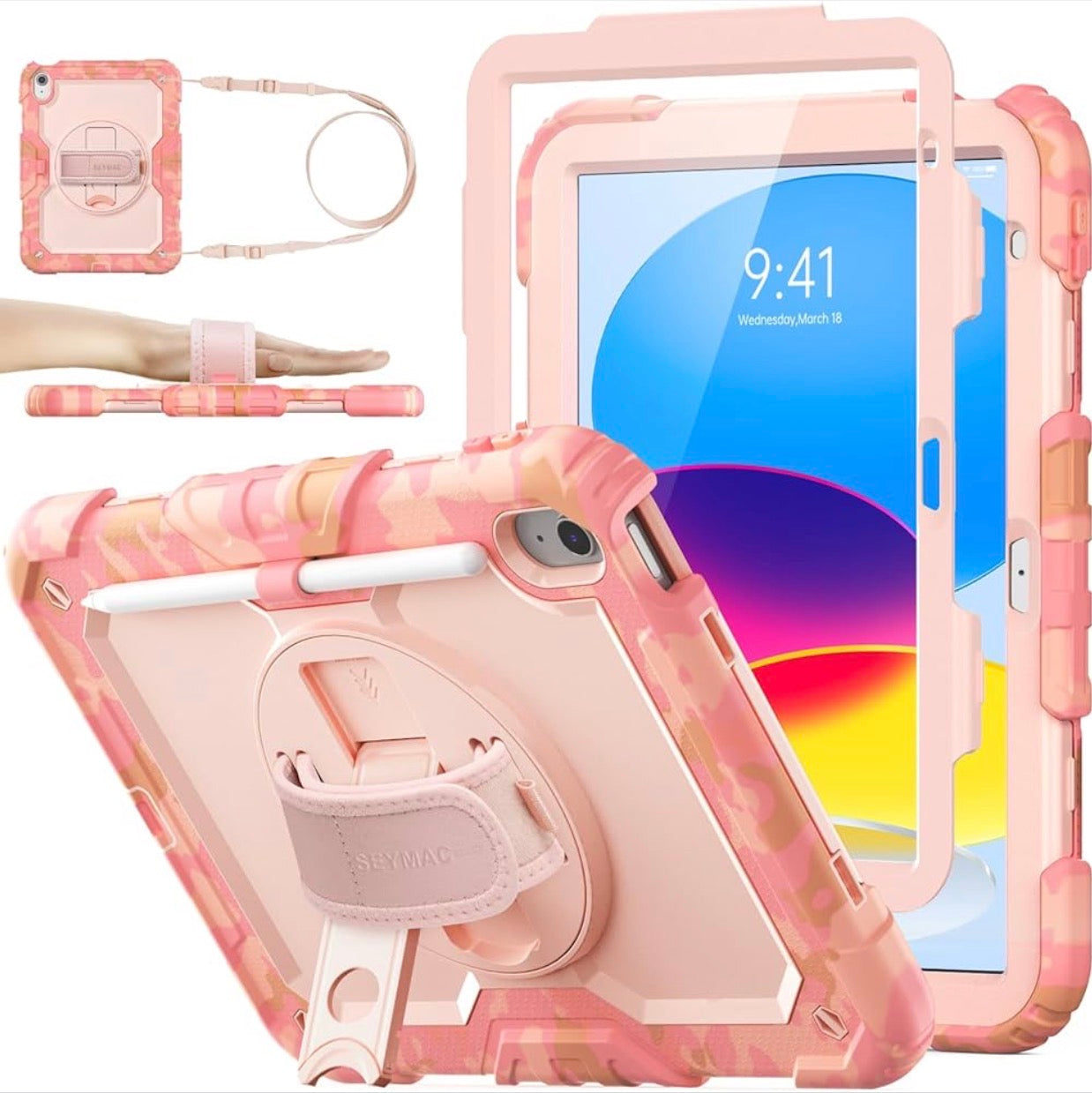 Case for iPad 11th/10th Generation 11''/10.9'' 2025/2022, Full-Body Drop Protection Case with Screen Protector &360° Rotate Hand Strap/Stand